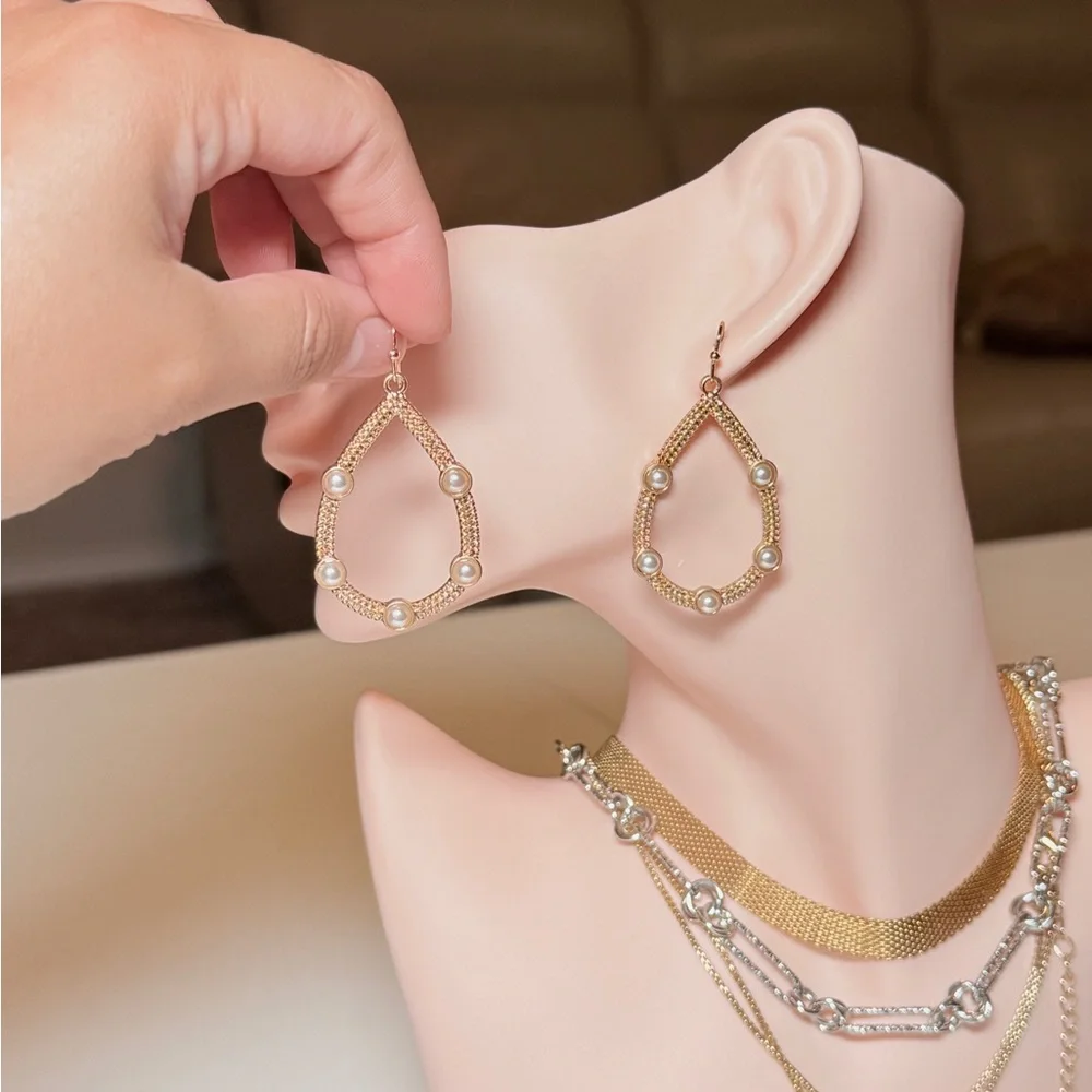 Gold Teardrop Pearl Accent Earrings